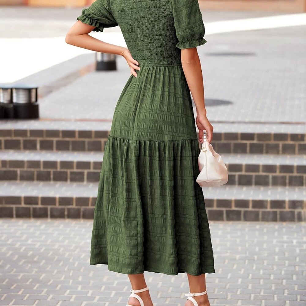 Womens Summer Dresses 2025 Casual Puff Short Sleeve Crewneck Smocked Flowy Ruffl - Picture 4 of 7